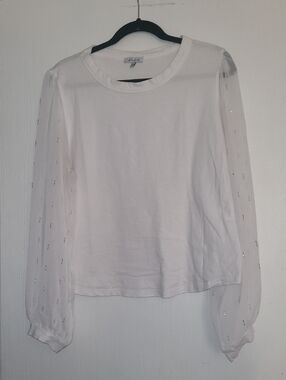 white birch White Long-Sleeve Tee with Sheer Embellished Sleeves -NEVER WORN-